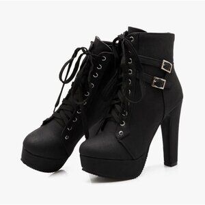 Womens Ankle Boots Round Toe Block Chunky High Heels Lace Up Platform Shoes  Sz9